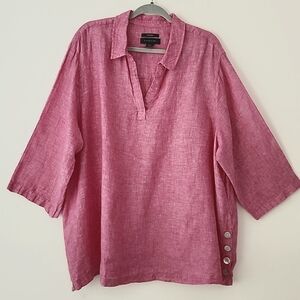 Tahari Pink Linen V Neck Mother of Pearl Button Tunic Top 3X (q17)